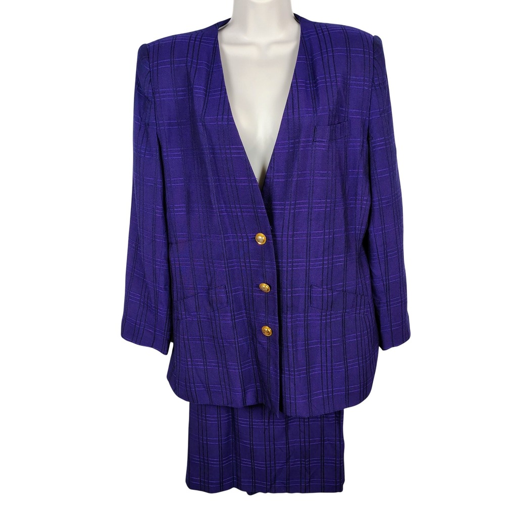 Womens SZ 12 En Avance Skirt Suit Set Purple Plaid Rayon Officecore Vintage 80s
